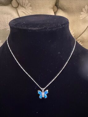 Silver 925 Butterfly Pendant Necklace with Blue Opal Stones. 925 neck chain